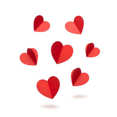 Red paper hearts flying on white background. 3d folded love symbols. Romantic valentine day decoration elements. Falling origami cutouts