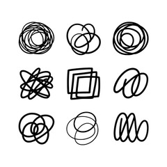 Nine black hand-drawn scribble icons on white background: circular spirals, intertwined loops, and layered square frames in minimalist vector style