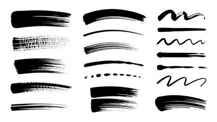 Set of black brush stroke textures and ink marks in multiple widths and styles on white background, ideal for logo design and digital art textures