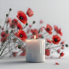 red candle with popy flowers