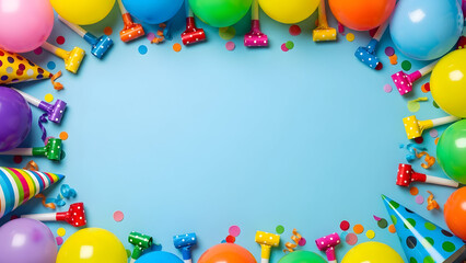 Vibrant birthday party frame with colorful balloons and confetti