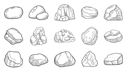 Set of hand-drawn line art rocks and stones icons featuring 15 stone shapes with cracked and smooth textures, monochrome vector illustrations for UI