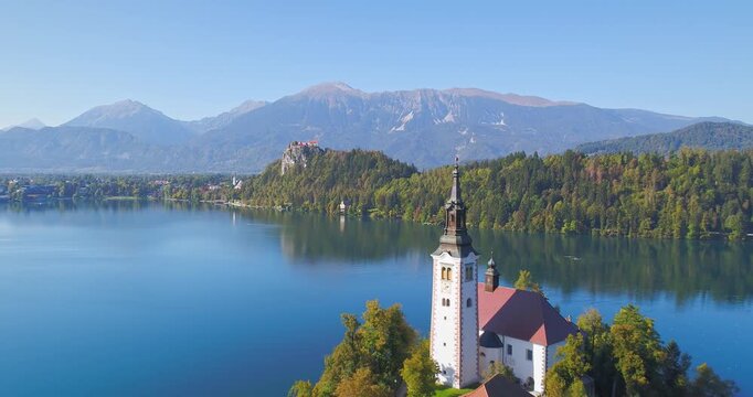 Aerial view of Lake Bled island and church from Ojstrica viewpoint