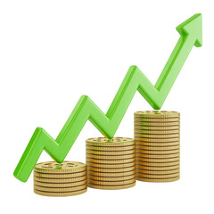 Growing Green graph arrow up on a stack of golden coins 3d render illustration isolated on transparent background. Financial growth, success. PNG
