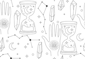 Seamless mystic pattern with sun, moon and stars, cosmos background in tarot style, space and abstract astrology magic sky