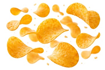 Golden crispy potato chips floating and scattering against a clean white background