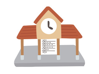 Flat illustration depicting a local line station with a clock