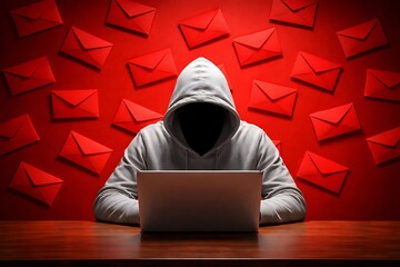 Anonymous person in hoodie using a laptop for cybercrime and spam attacks