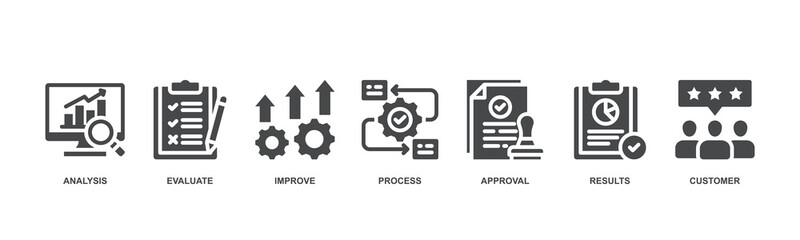 Quality control concept icon illustration for product and service quality inspection with icon of analysis, evaluation, improve, process, approval, result, and customer.