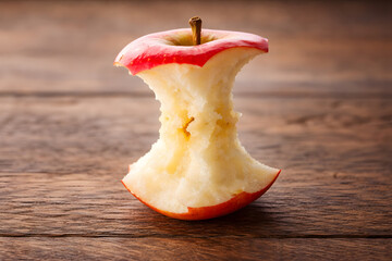 Apple core on rustic wooden surface representing natural simplicity, organic food waste concept, healthy eating reminder, minimal still life composition, and sustainable lifestyle symbolism