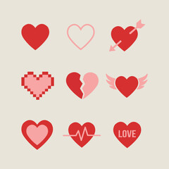 valentines day heart icon set in flat style, romantic love heart symbols collection for february
