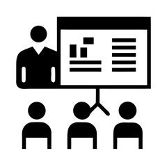 Business presentation icon showcasing a speaker addressing an audience with data visuals
