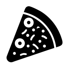 Simple black and white icon of a single pizza slice with toppings, representing fast food