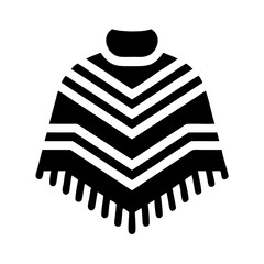 Black and white graphic icon illustration of a traditional poncho with striped pattern and fringe