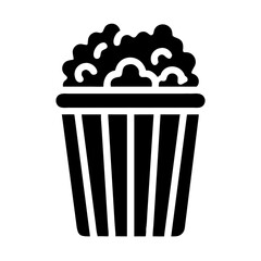 A classic black and white icon depicting a striped bucket overflowing with freshly popped popcorn