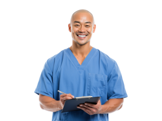 Male nurse holding a clipboard isolated on transparent or white background, png