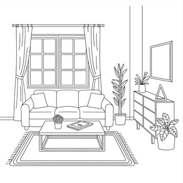 Cozy line-art living room featuring sofa, coffee table, window with curtains, floor lamp, and sideboard decor