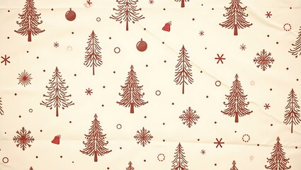 Red christmas trees and snowflakes seamless pattern on cream background