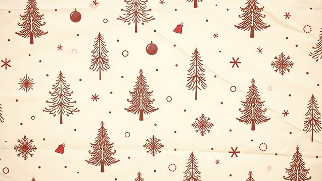 Red christmas trees and snowflakes seamless pattern on cream background - Powered by Adobe