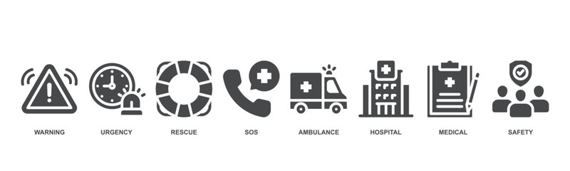 Emergency concept icon vector illustration with icon of warning, urgency, rescue, sos, ambulance, hospital, medical and safety.