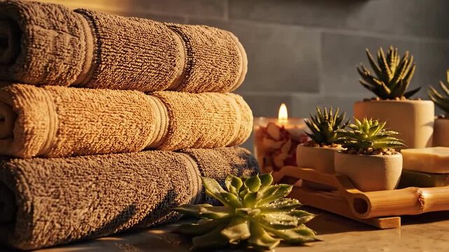 Elevate Your Self Care Video with Luxurious Towels And Soothing Succulents Arrangement