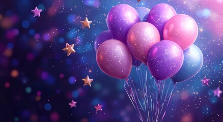 Birthday party purple pink star balloons festive bokeh background image