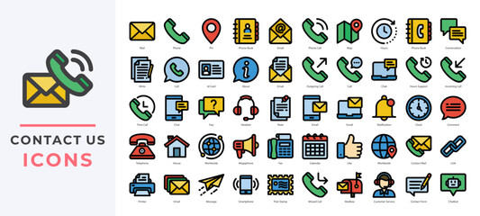 Contact Us icons set collection including phone, email, chat, location, customer service tools and more. Ideal for websites, support pages, apps, and communication-related designs.