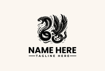 A black and white illustration of a dragon logo with wings and a name tagline on a beige background, featuring a vector graphic design with bold lines and a simple icon.