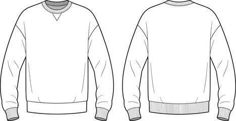Blank Crewneck Sweatshirt Technical CAD Flat Vector Illustration, Front and Back View, Oversized Streetwear Apparel Design Template for Fashion Tech Pack Mockup. © Creatives Selim