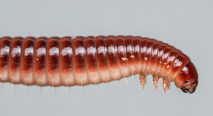 Macro shot of a segmented, brown and white invertebrate creature with many legs, a small head and antennae