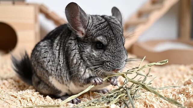 Adorable chinchilla resting in wooden cage with hay