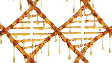 Amber colored liquid dripping from intertwined strands against png isolated transparent background black background