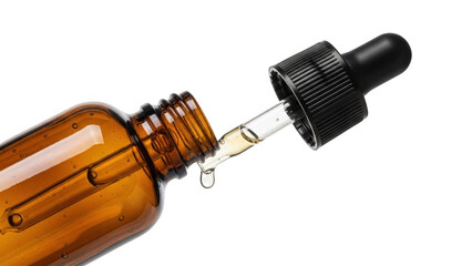 Amber glass dropper bottle with clear liquid dripping from pipette against png isolated transparent background black background