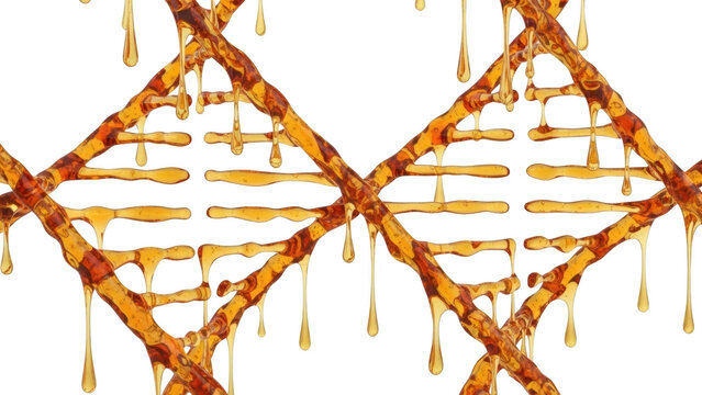 Amber colored liquid dripping from intertwined strands against png isolated transparent background black background - Powered by Adobe