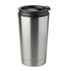 Brushed stainless steel travel mug with png isolated transparent background black lid on black background