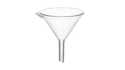 Clear glass laboratory funnel with spout on png isolated transparent background black background science