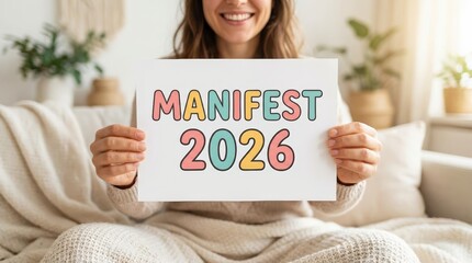 Manifesting a bright future a young woman celebrates 2026 with a colorful sign in a cozy living room indoor lifestyle setting positive energy and aspirations for the new year