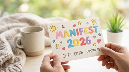Manifesting 2026 a celebration of happiness and positivity home workspace inspirational note bright natural light close-up perspective self-improvement concept