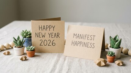 New year celebration manifestation ideas home decor greeting cards indoor environment close-up view positive vibes for 2026 happiness manifestation