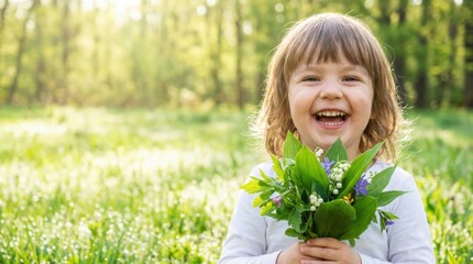 Joyful child smiling with flowers sunny meadow portrait natural light close-up celebrating nature's beauty and happiness