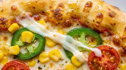 Close-up of a delicious pizza slice with melted cheese, vibrant corn, spicy green jalape&ntilde;os, and fresh red tomatoes, showcasing its tempting texture and fresh ingredients
