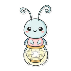 Cute cartoon light blue firefly character with curly antennae wearing a pink shirt and sitting inside a glowing lantern png isolated transparent background