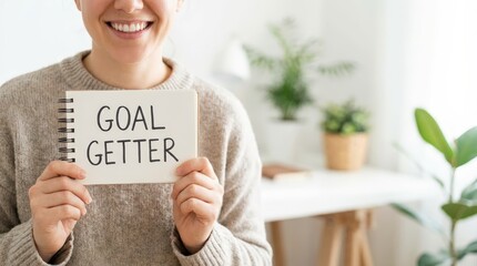 Empowering action for goal getters in a bright workspace motivational content featuring a cheerful individual with a positive mindset inspirational environment and close-up view