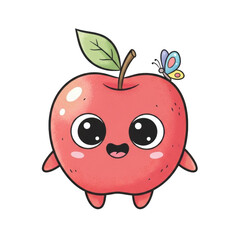 Cute cartoon red apple with big eyes and a butterfly on its head png isolated transparent background