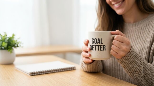 Empowering morning routine woman enjoying coffee with goal getter mug cozy home office inspirational vibe natural light focused mindset for productivity and motivation