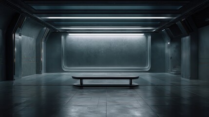 Dark futuristic interior with empty space and metallic elements for creative designs