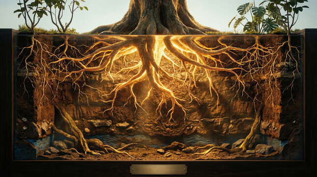 Transparent soil cross-section showing plant roots spreading deep and wide underground