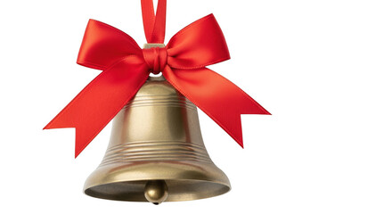 Golden bell with red ribbon bow hanging against png isolated transparent background black background