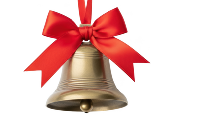 Golden bell with red ribbon bow hanging against png isolated transparent background black background