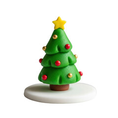 Green fondant Christmas tree with yellow star red and gold ornaments on png isolated transparent background white base black background